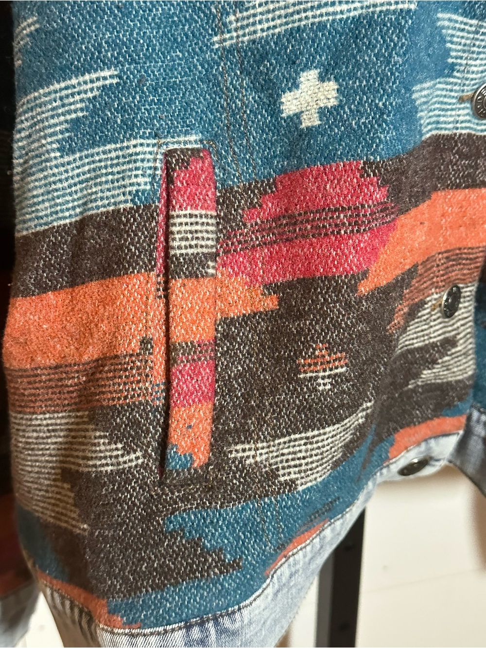 Denim-Trim Aztec Pattern Jacket - Teal & Rust - Picture 4 of 10